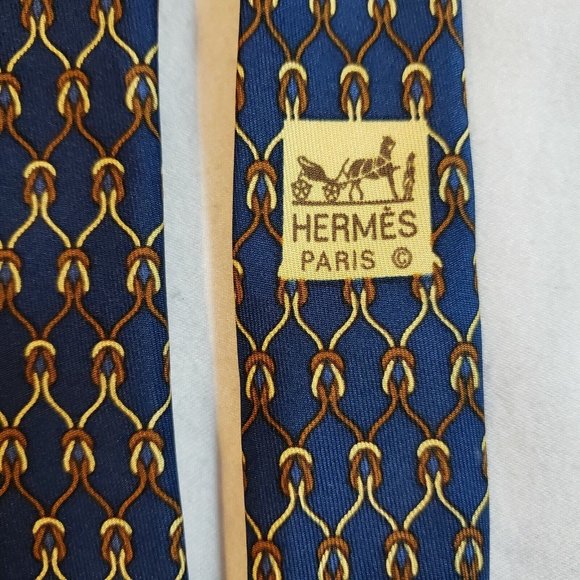 Hermes 100% Authentic Silk Tie  Geometrical Patterns Knots Navy Blue - Picture 2 of 12